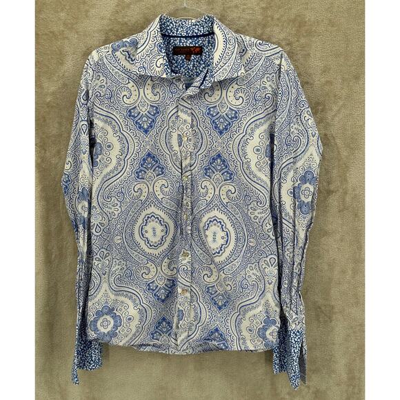 Ted‎ Baker Shirt Mens 16 40.5 Blue Geo Button Up 100% Cotton French Flip Cuffs - Picture 1 of 10